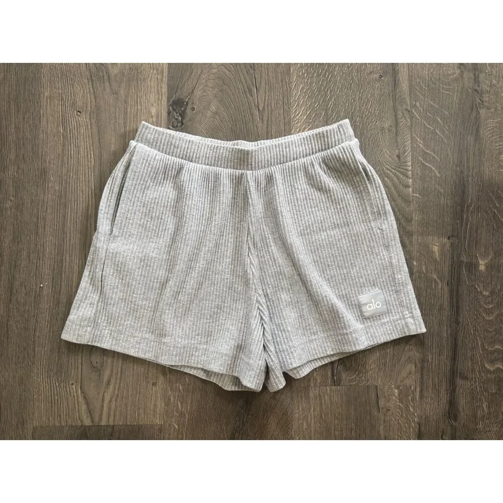 Alo Yoga Muse Ribbed High Waist Athletic Lounge Shorts Heather Gray XS